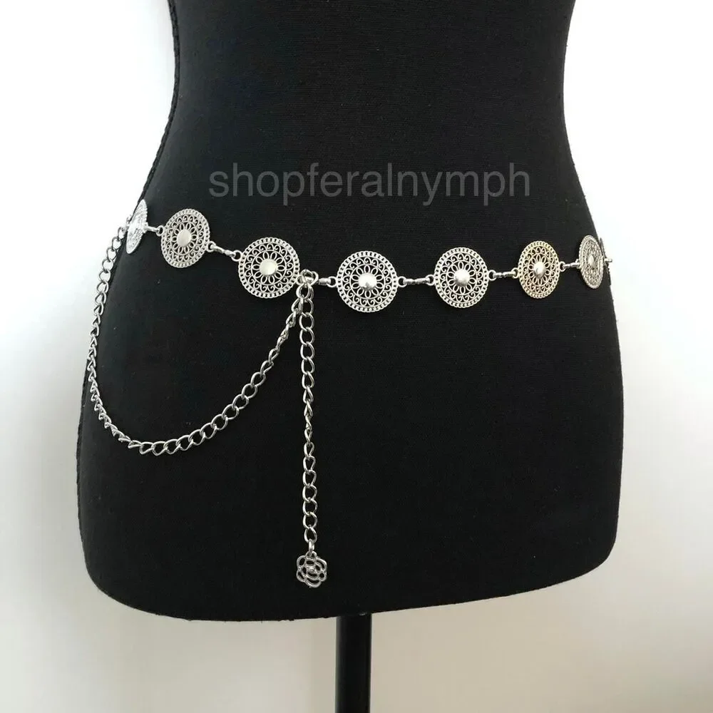 Vintage Y2K Boho Silver Mandala Circle Chain Belt, Fits 26.5–46 Inches, X7GA1166